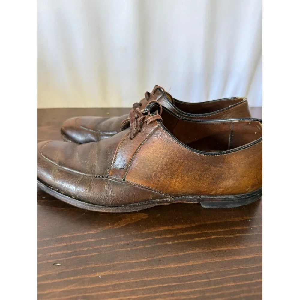 Vintage Brown Leather‎ Apron Toe Derby Shoes Lace Up Dress Shoes Distressed Mens
